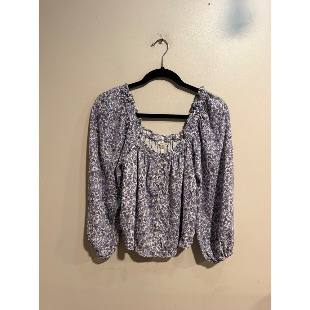 American Eagle Floral Long Sleeve Blouse Purple Blue Square Neck Button Front S
